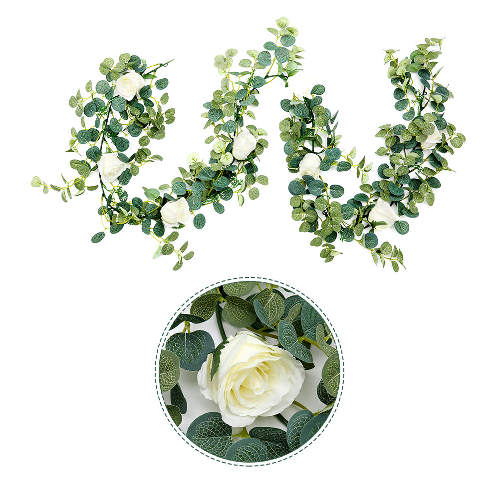 Artificial Eucalyptus with Roses - Milk white rose