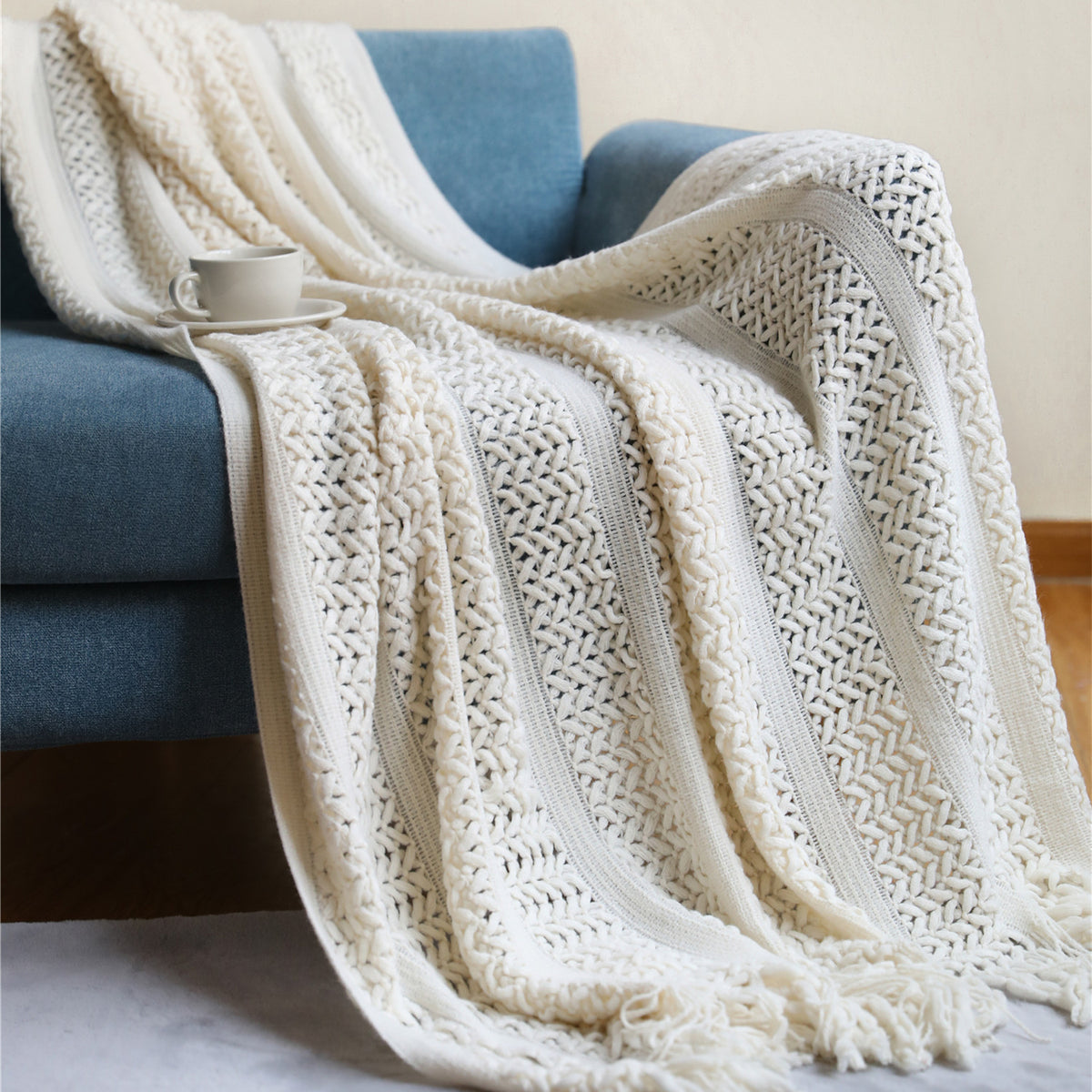 Knitted Tassel Throw - Beige / 127 X180CM Including Tassels